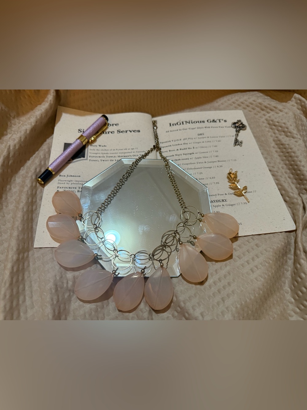 Blush Pink Teardrop Bead Silver Tone Statement Bib Necklace